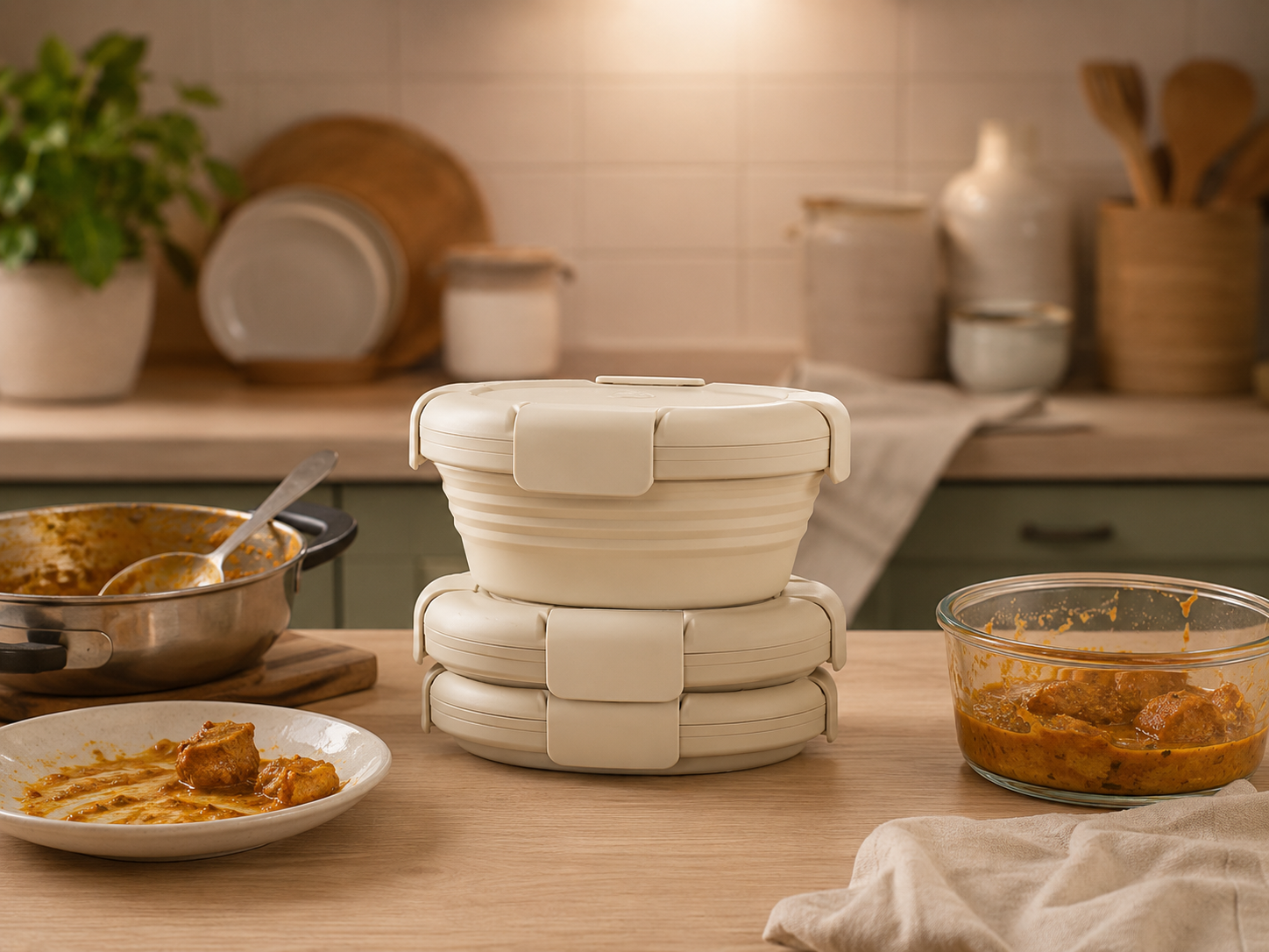 Three beige Slursh silicone boxes on a kitchen counter surrounded by leftover dinner dishes.