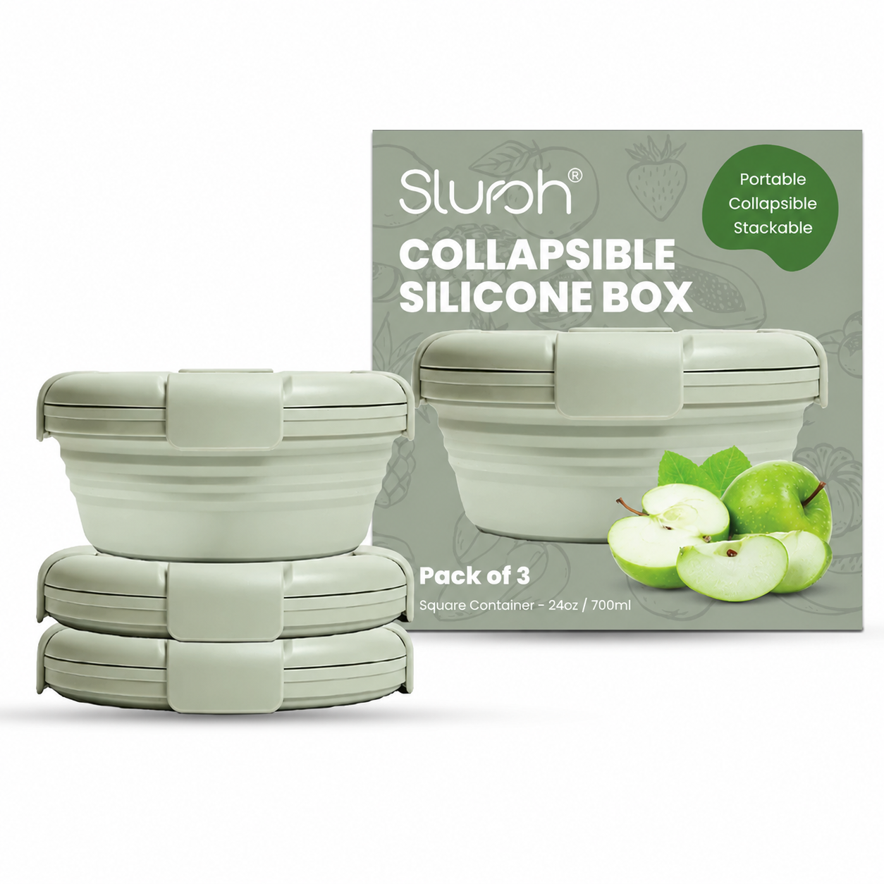 The Slursh collapsible silicone box pack of three in sage green next to its retail box.