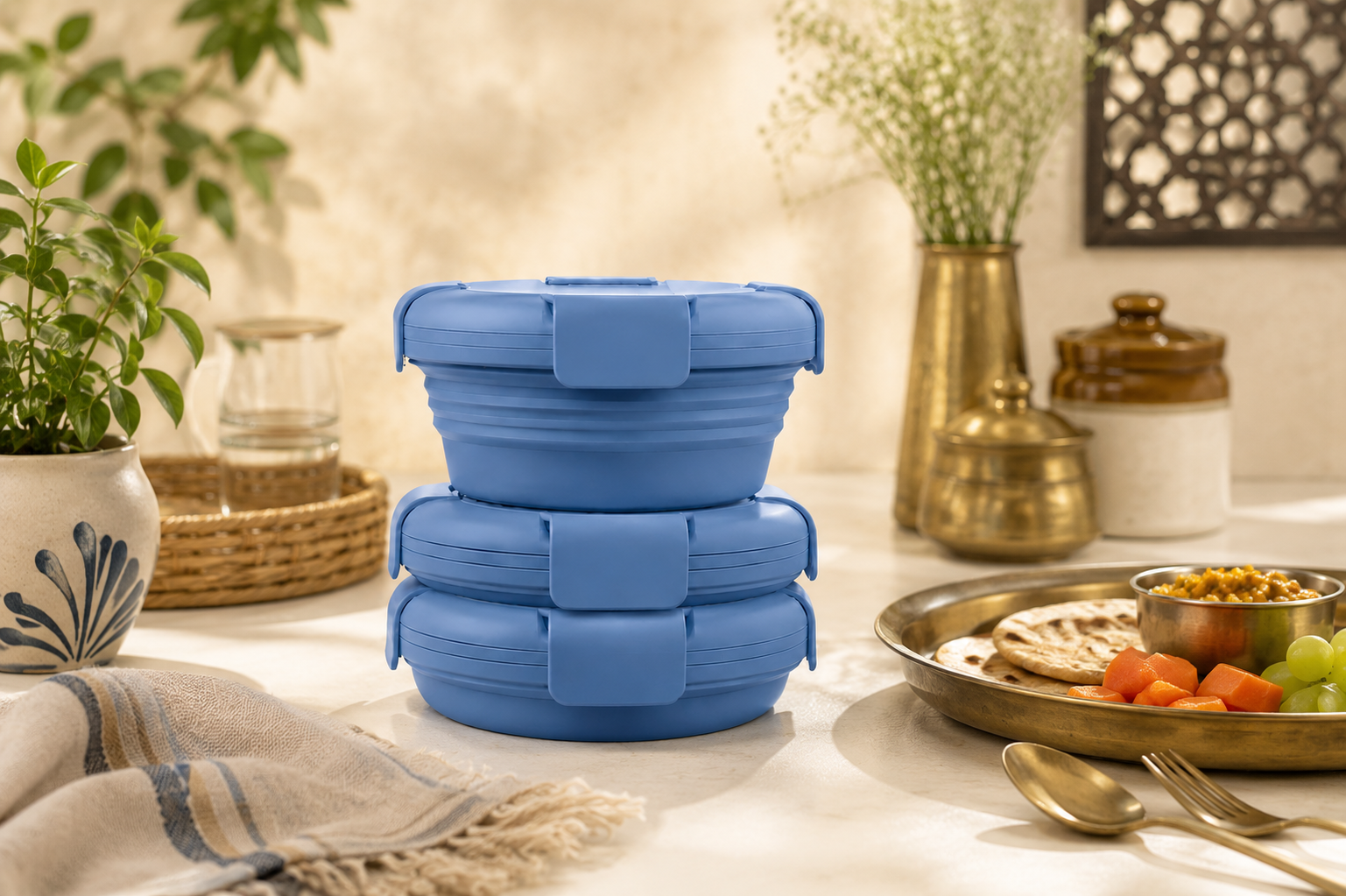 Three blue Slursh collapsible silicone boxes stacked on a warm kitchen counter beside a plated breakfast.