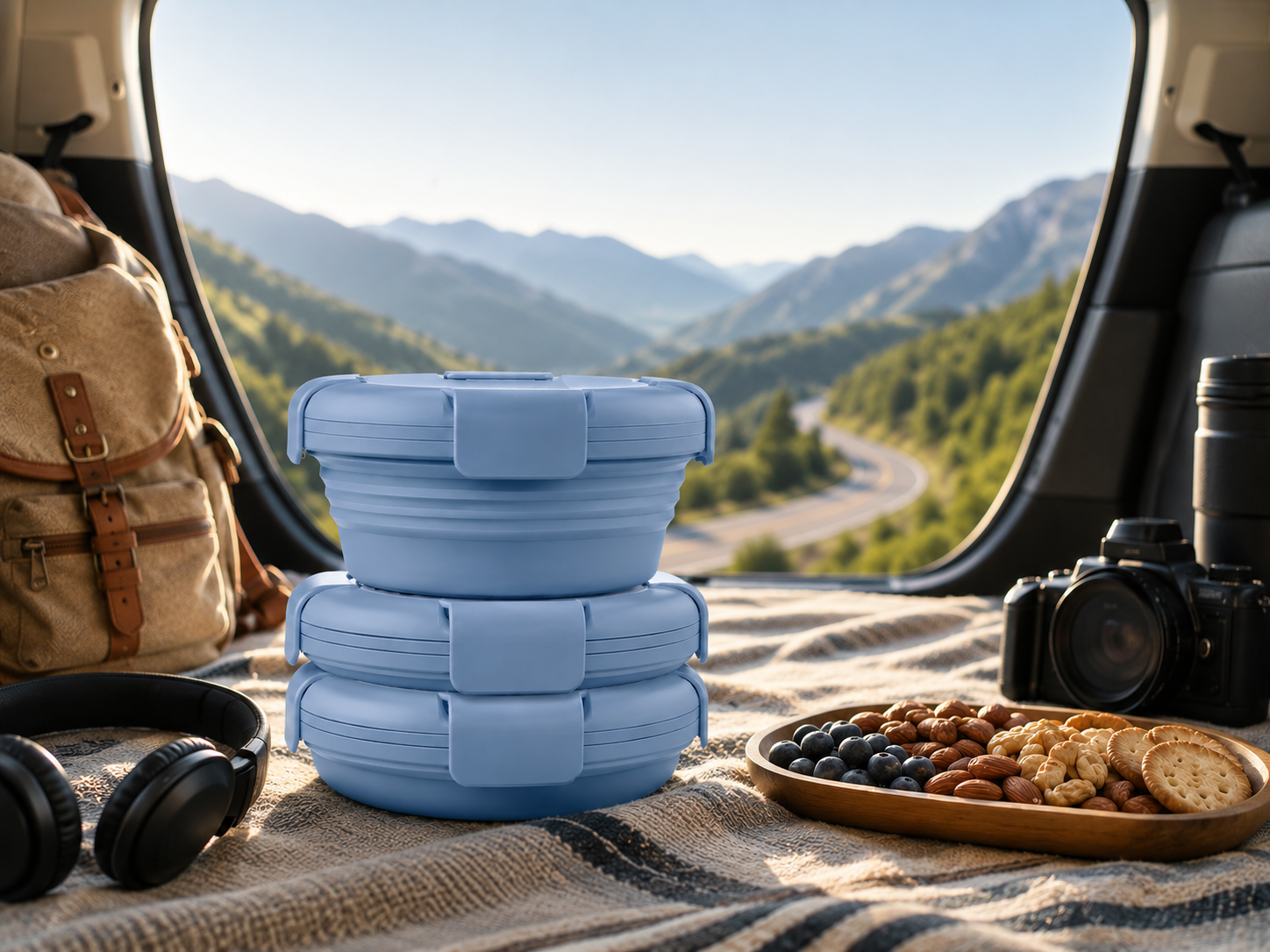 Three blue Slursh collapsible boxes stacked inside an open vehicle trunk during a mountain road trip.
